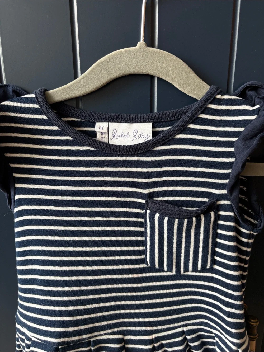 Rachel Riley Navy & White Striped Flutter Sleeve Dress - 2T